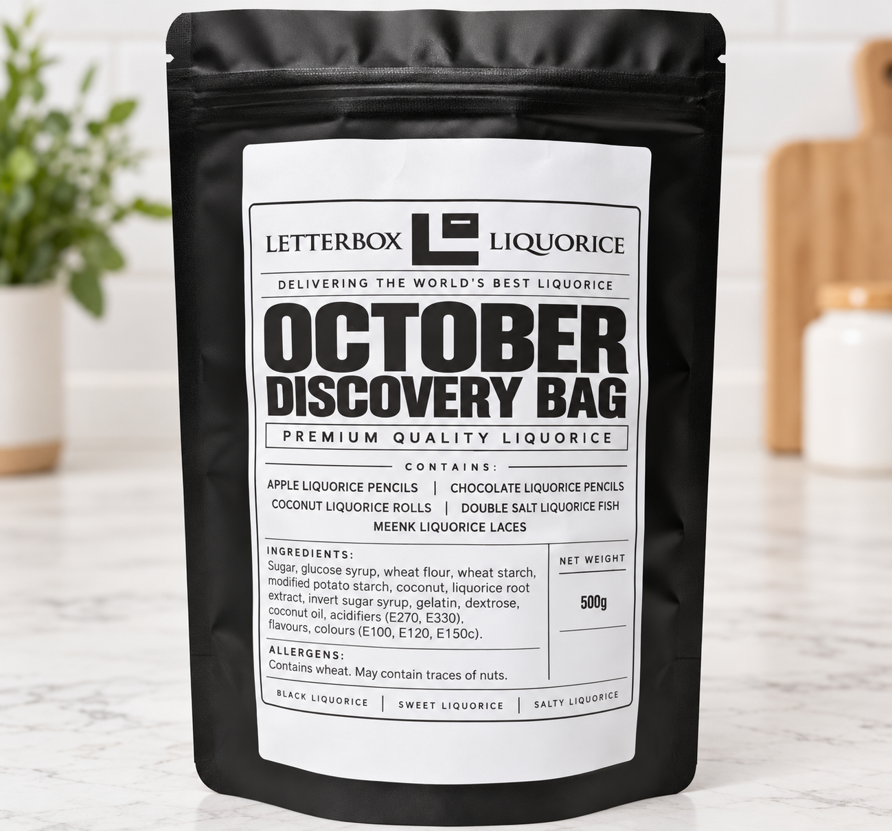 October Discovery Bag 500g in premium black Letterbox Liquorice pouch