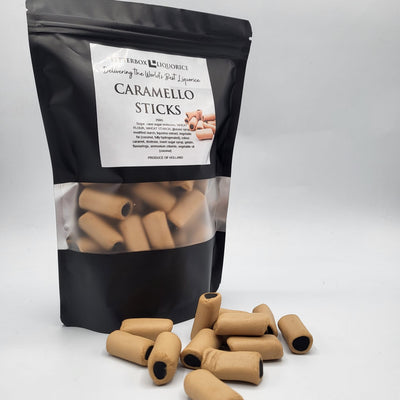 A bag of Letterbox liquorice Caramello sticks on a white background, featuring a re-seal pouch.
